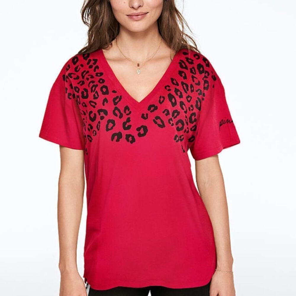 PINK Victoria's Secret Red‎ & Black Leopard Legging Top T-Shirt Tee Size M
